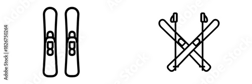 Minimalist black outline graphic featuring a pair of downhill skis and a crossed set of skis and poles