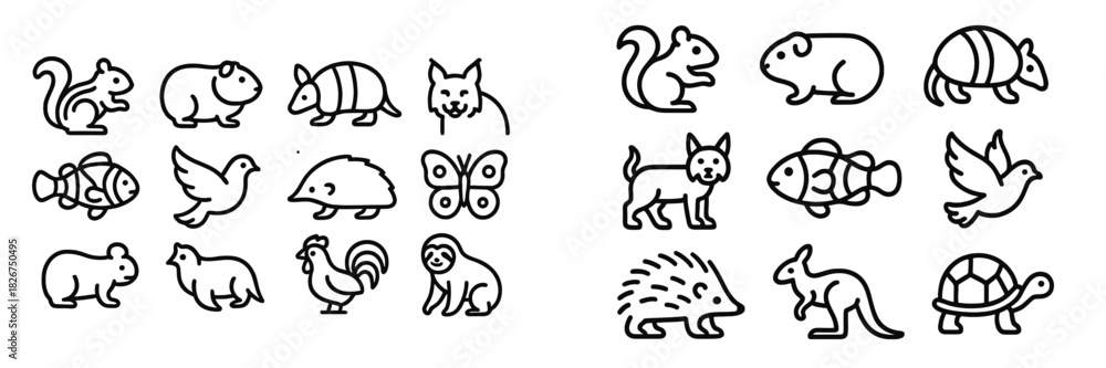 Obraz premium Minimalist black outline pictograms featuring a wide variety of animals and wildlife