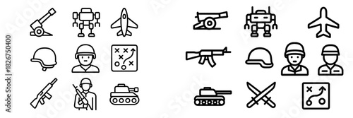 Outline icons of military equipment, combat vehicles, soldiers, and strategic planning
