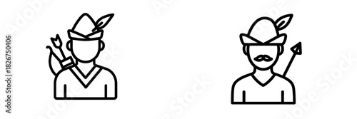 Minimalist outline heroic archer figure equipped with quiver and feathered hat