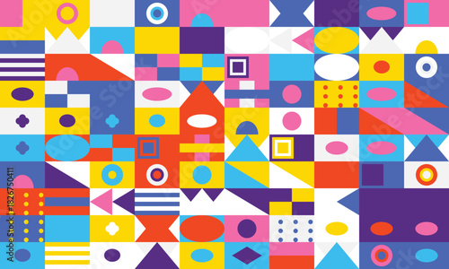 Geometric shapes abstract pattern in vibrant yellow blue pink purple and red colorful