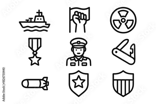 Military and defense symbols set featuring warship, soldier, medal, nuclear sign, and shields