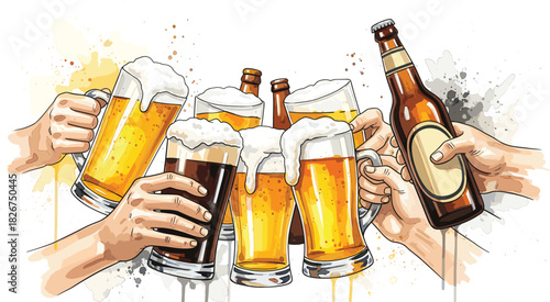 Beer toast icon vector—six hands clinking mugs and bottles with frothy tops and colorful splashes for festive celebration visuals