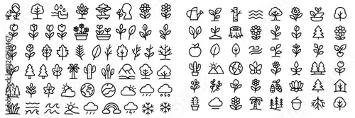 Minimalist line art representing plants trees flowers weather and ecology elements