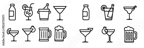 Beverages and bar accessories including cocktails, beer, and wine glasses