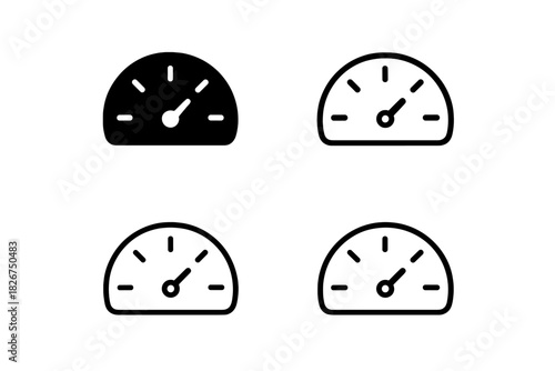 Simple black and white speedometer and dashboard gauge icons for performance measurement