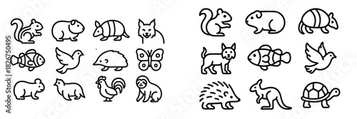 Minimalist black outline pictograms featuring a wide variety of animals and wildlife