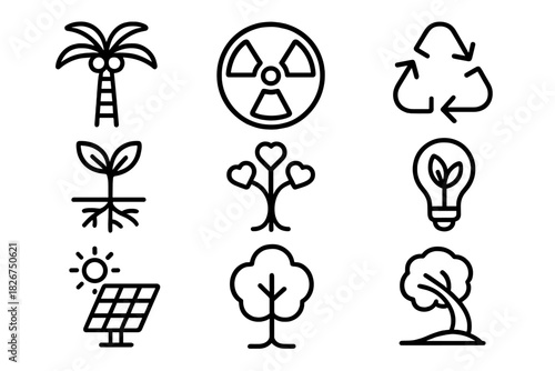 Ecological and environmental symbols covering recycling, solar energy, radiation, and nature concepts