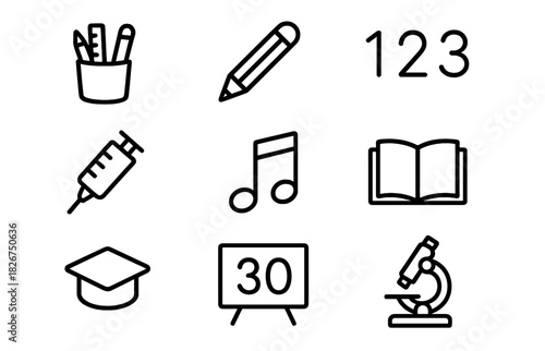 Set of outline icons representing educational subjects, scientific tools, and school supplies