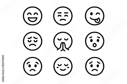 Minimalist outline icons set of common human emotions and facial expressions