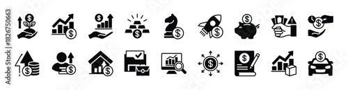 Investment icon vector set. Contains investor, profit, asset, money, financial gain, growth up chart, strategy, gold, startup, savings, risk management, product, stock, portfolio, analysis