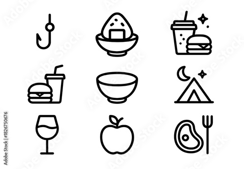 Minimalist line art set for dining, fast food, fishing, and outdoor recreation