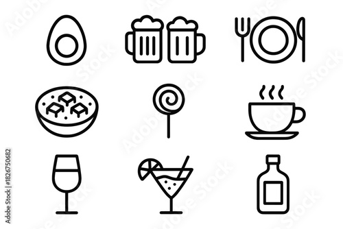 Outline icons of food, beverages, and dining elements for menus and mobile applications