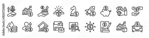 Investment icon set. Contains investor, profit, asset, financial gain, money, growth up chart, strategy, gold, startup, savings, risk management, product, stock, portfolio, analysis - Illustration