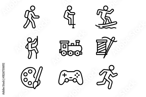 Set of black and white outline icons representing various hobbies, sports, and leisure activities