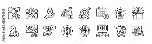 Marketing thin line icon set. Contains advertising, target, strategy, social media, bonus, meeting, shopping discount, analytics, management, idea, discussion, loan, promotion. Vector illustration