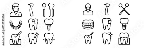 Outline icons for dentistry featuring teeth, dental instruments, implants, and doctor