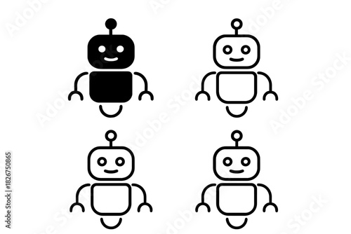 Four simple friendly robot icons in solid and outline for technology concepts