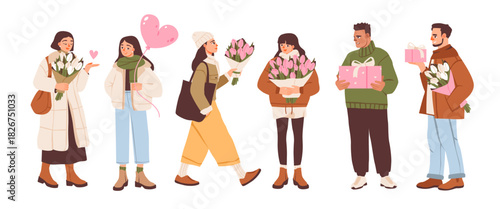 Cute Valentine illustration of a romantic people. Flowers, hearts, and warm winter outfits create a tender February celebration mood. Characters with bouquets and gifts.