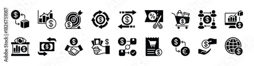 Trade icon vector set. Contains money currency, global stock exchange, growth chart, target, rotation, transfer, price discount, shopping, receipt, loan, management, agreement. Illustration
