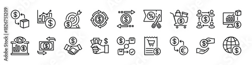 Trade thin line icon set. Contains money currency, global stock exchange, growth chart, target, rotation, transfer, price discount, shopping, receipt, loan, management. Vector illustration