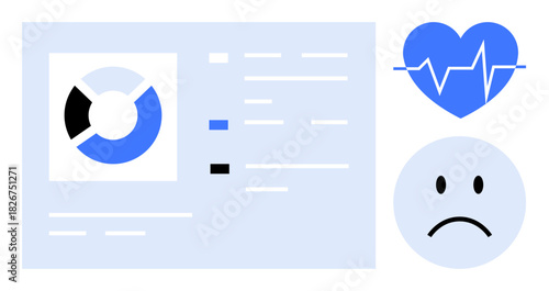 Healthcare analytics. Data visualization with pie chart, heartbeat icon, and emotional indicators. Analytics link data insights with healthcare outcomes. Useful for medical research, patient care