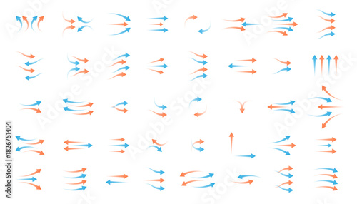 Air flow red and blue transparent arrows collection. Arrow icon set for showing hot and cold wind direction