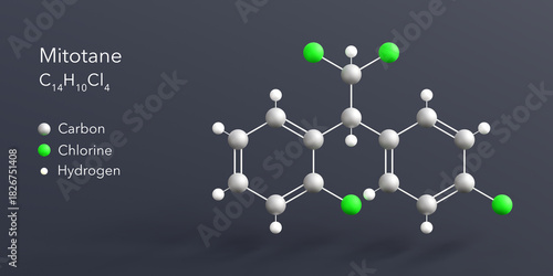 Fototapeta Naklejka Na Ścianę i Meble -  mitotane molecule 3d rendering, flat molecular structure with chemical formula and atoms color coding