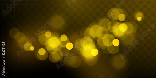 Golden bokeh light circles on dark transparent background. Beautiful flare sparkles effect