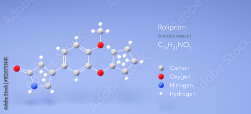 Fototapeta Naklejka Na Ścianę i Meble -  rolipram molecule, molecular structure, antidepressant 3d model, Structural Chemical Formula and Atoms with Color Coding