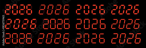 Happy new year 2026 design with red digital numbers in a seven-segment display style.