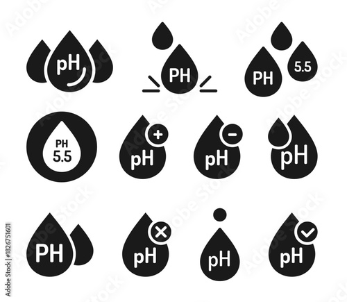 Ph 5.5 black icon collection. Set of acidity liquid symbol for Skin and moisturizing natural cosmetics.