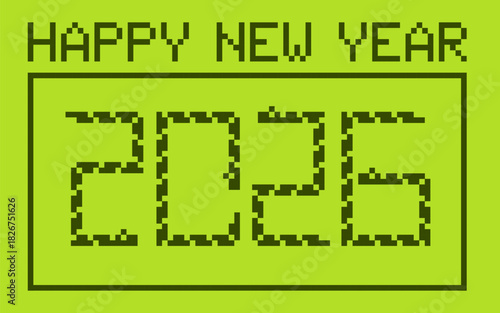 2026 Happy new year retro poster. Pixel snake game on green screen