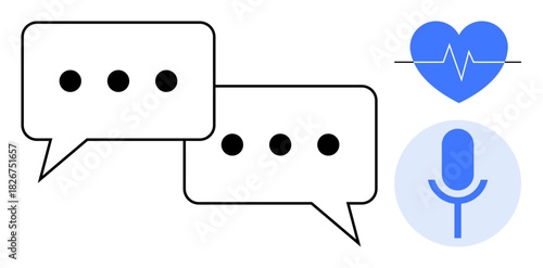 Two speech bubbles with dots, blue heart with heartbeat line, and microphone icon. Ideal for communication, healthcare, voice message, AI, chatbot telemedicine wellness apps. Simple flat metaphor