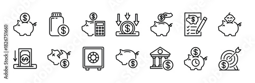 Piggy bank icon set. Contains savings, save money, investment, child bank, term, safe deposit box, target, planning, bankrupt, financial management, income, accounting, wealth. Vector illustration