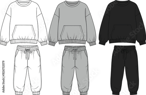 Technical Flats Oversized Fleece Sweatshirt and Jogger Pants Set Vector, Unisex Casual Outfit Design, Kids Clothing Template, Sportswear CAD Drawing.