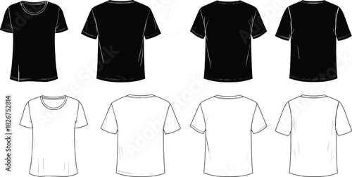 Technical Flats T-Shirt Collection Vector Set, Short Sleeve Crew Neck Top Mockup, Unisex Casual Apparel Template, Front and Back CAD Drawing.