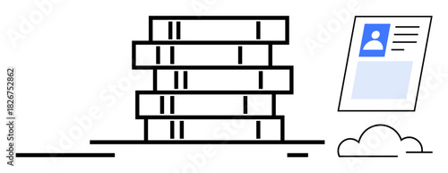 Data storage concept. Data storage with a server stack, cloud connection, and a secured digital document. Data storage supports file management, IT systems, and modern tech solutions. digital