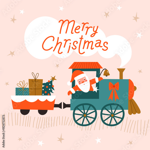 Greeting card. Santa Claus and Christmas train with gifts. Vector illustration