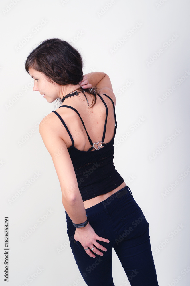 Naklejka premium girl, unterwäsche, lingiere, nylon, dünn, model, female, bikini, slip, bh, sexy, lowkey, schatten, erotisch, body, taille, po, torso, hände, arm, magersucht, frau, schönheit, gestalten, leitbild, blac