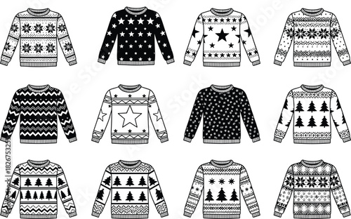 Ugly Christmas Sweater Vector Set, Holiday Knitwear Collection, Xmas Winter Jumper Template, Fair Isle Pattern Mockup, Festive Apparel CAD.