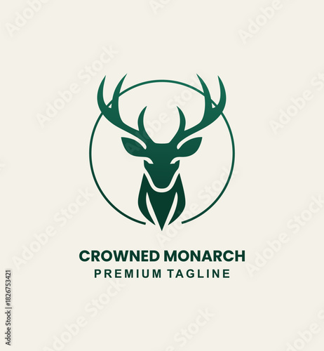 A minimalist and majestic logo featuring a stylized stag or deer head with large antlers, enclosed in a simple dark green circular outline.