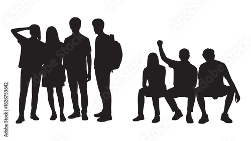 Silhouettes of diverse young adults and students standing and sitting in various poses, depicting friendship, community, and social interaction among youth group.