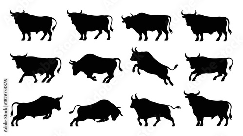 A comprehensive set of bull silhouettes showcasing various dynamic poses including standing, walking, running, and aggressive charging stances vector.