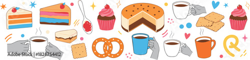 Dessert and drink icon vector—cupcakes, layered cakes, coffee mugs, pretzels, jam spoons, and festive hands for cozy celebration visuals