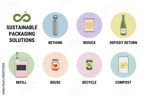 Circular reusable packaging system. Sustainable solution. Rethink. Reuse. Refill. Recycle.