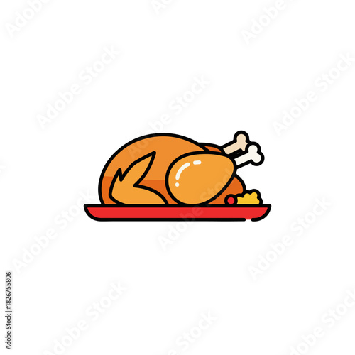 Cartoon Roasted Turkey on a Red Platter, Thanksgiving Feast.
