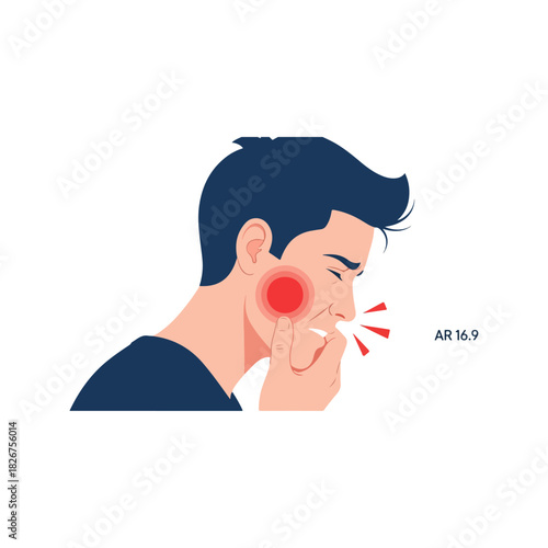 Man experiencing severe toothache with inflamed cheek and visible pain.