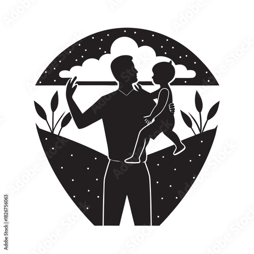 Father And Child On Shoulders Walking Scene Silhouette
