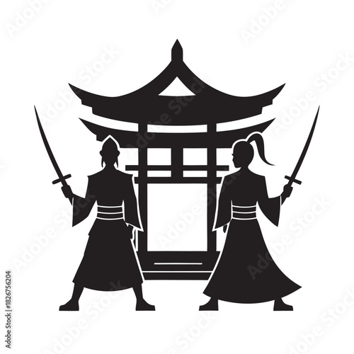 Samurai Couple Guarding Ancient Temple Gate Silhouette